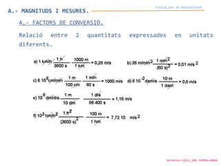 A.- MAGNITUDS I MESURES.
Física_1er de batxillerat
4.- FACTORS DE CONVERSIÓ.
Relació entre 2 quantitats expressades en unitats
diferents.
Verònica Cáliz_INS SERRALLARGA
 