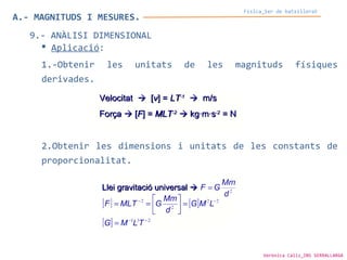 A.- MAGNITUDS I MESURES.
Física_1er de batxillerat
9.- ANÀLISI DIMENSIONAL
 Aplicació:
1.-Obtenir les unitats de les magnituds físiques
derivades.
2.Obtenir les dimensions i unitats de les constants de
proporcionalitat.
Verònica Cáliz_INS SERRALLARGA
 