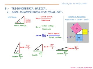 Física_1er de batxillerat
B.- TRIGONOMETRIA BÀSICA.
3.- RAONS TRIGONOMÈTRIQUES D’UN ANGLES AGUT.
HIPOTENUSA
Costat
oposat
Costat contigu. Costat contigu.
Costat oposat.
Costat oposat.
Costat contigu.
α
hipotenusa
hipotenusa
Teorema de Pitàgores:
Hipotenusa2
= catet2
+ catet2
Verònica Cáliz_INS SERRALLARGA
 
