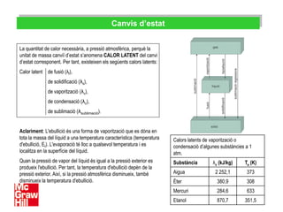 Canvis d’estat


La quantitat de calor necessària, a pressió atmosfèrica, perquè la
unitat de massa canviï d’estat s’anomena CALOR LATENT del canvi
d’estat corresponent. Per tant, existeixen els següents calors latents:
Calor latent de fusió (λf),
              de solidificació (λs),
              de vaporització (λv),
              de condensació (λc),
              de sublimació (λsublimació).


Aclariment: L'ebullició és una forma de vaporització que es dóna en
tota la massa del líquid a una temperatura característica (temperatura    Calors latents de vaporització o
d'ebullició, Et). L'evaporació té lloc a qualsevol temperatura i es       condensació d’algunes substàncies a 1
localitza en la superfície del líquid.                                    atm.
Quan la pressió de vapor del líquid és igual a la pressió exterior es     Substància        λv (kJ/kg)     Te (K)
produeix l'ebullició. Per tant, la temperatura d'ebullició depèn de la
pressió exterior. Així, si la pressió atmosfèrica disminueix, també       Aigua              2 252,1        373
disminueix la temperatura d'ebullició.                                    Èter                380,9         308
                                                                          Mercuri             284,6         633
                                                                          Etanol              870,7        351,5
 