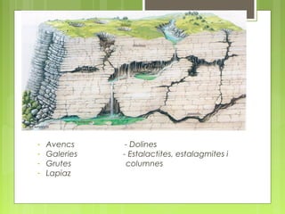 - Avencs - Dolines
- Galeries - Estalactites, estalagmites i
- Grutes columnes
- Lapiaz
 