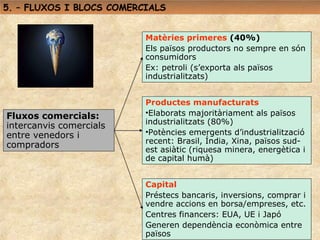 5. – FLUXOS I BLOCS COMERCIALS


                          Matèries primeres (40%)
                          Els països productors no sempre en són
                          consumidors
                          Ex: petroli (s’exporta als països
                          industrialitzats)


                          Productes manufacturats
Fluxos comercials:        •Elaborats majoritàriament als països
                          industrialitzats (80%)
intercanvis comercials
entre venedors i          •Potències emergents d’industrialització
                          recent: Brasil, Índia, Xina, països sud-
compradors
                          est asiàtic (riquesa minera, energètica i
                          de capital humà)


                          Capital
                          Préstecs bancaris, inversions, comprar i
                          vendre accions en borsa/empreses, etc.
                          Centres financers: EUA, UE i Japó
                          Generen dependència econòmica entre
                          països
 