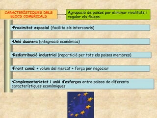 CARACTERÍSTIQUES DELS             Agrupació de països per eliminar rivalitats i
  BLOCS COMERCIALS                regular els fluxos

   •Proximitat espacial (facilita els intercanvis)


   •Unió duanera (integració econòmica)


   •Redistribució industrial (repartició per tots els països membres)


   •Front comú: + volum del mercat + força per negociar


   •Complementarietat i unió d’esforços entre països de diferents
   característiques económiques
 