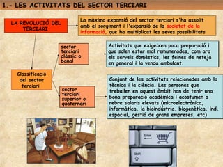 1.- LES ACTIVITATS DEL SECTOR TERCIARI

                             La màxima expansió del sector terciari s'ha assolit
  LA REVOLUCIÓ DEL
                             amb el sorgiment i l'expansió de la societat de la
      TERCIARI
                             informació, que ha multiplicat les seves possibilitats

                     sector              Activitats que exigeixen poca preparació i
                     terciari            que solen estar mal remunerades, com ara
                     clàssic o           els serveis domèstics, les feines de neteja
                     banal               en general i la venda ambulant.

   Classificació
    del sector                           Conjunt de les activitats relacionades amb la
     terciari                            tècnica i la ciència. Les persones que
                     sector              treballen en aquest àmbit han de tenir una
                     terciari
                     superior o          bona preparació acadèmica i acostumen a
                     quaternari          rebre salaris elevats (microelectrònica,
                                         informàtica, la bioindústria, biogenètica, ind.
                                         espacial, gestió de grans empreses, etc)
 