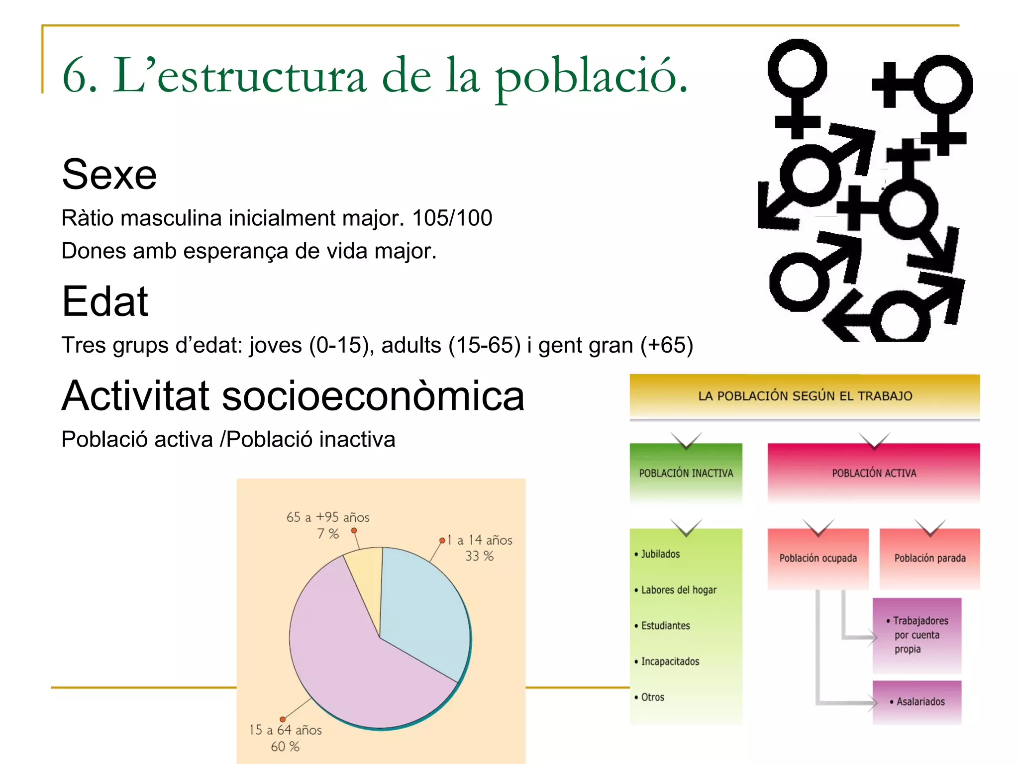 6. L’estructura de la població.
Sexe
Ràtio masculina inicialment major. 105/100
Dones amb esperança de vida major.

Edat
Tres grups d’edat: joves (0-15), adults (15-65) i gent gran (+65)

Activitat socioeconòmica
Població activa /Població inactiva
 