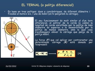 EL TERNAL (o politja diferencial)
•     Es basa en tres politges: dues e concèntriques, de diferent diàmetre i
      fixades al mateix eix, i una de mòbil (on hi penjarem la càrrega).

                              El seu funcionament és molt similar al d’un torn
                              diferencial, al estirar de la corda (o cable) la
                              longitud de corda enrotllada per la politja de més
                              diàmetre és superior a la desenrotllada per la
                              politja de menys diàmetre, amb la qual cosa
                              s’aconsegueix elevar la càrrega que penja de la
                              politja mòbil.

                              La força (F) que cal aplicar per contrarestar una
                              determinada càrrega (R) està donada per
                              l’expressió:


                                                                  R r1 r2
                               Wm Wr η                      F                  [N]
                                                                   2 r1 η



    26/02/2012            Unitat 10. Màquines simples i elements de màquines         30
 