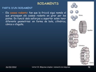 RODAMENTS
PARTS D’UN RODAMENT
• Els cossos rodants: fan que la fricció sigui només el
  que provoquen els cossos rodants en girar per les
  pistes. En funció dels esforços a suportar solen tenir
  diferents geometries: en forma de bola, cilíndrica,
  cònica o d’agulla.




  26/02/2012             Unitat 10. Màquines simples i elements de màquines   72
 