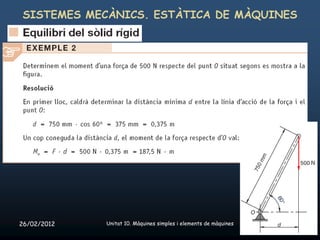 SISTEMES MECÀNICS. ESTÀTICA DE MÀQUINES




26/02/2012   Unitat 10. Màquines simples i elements de màquines   8
 