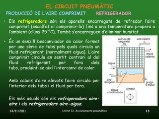 EL CIRCUIT PNEUMÀTIC
 PRODUCCIÓ DE L’AIRE COMPRIMIT                        REFRIGERADOR
• Els refrigeradors són els aparells encarregats de refredar l’aire
  comprimit (escalfat al comprimir-lo) fins a una temperatura propera a
  l’ambient (d’uns 25 ºC). També s’encarreguen d’eliminar humitat.

• És un senzill bescanviador de calor format
  per una sèrie de tubs pels quals circula un
  fluid refrigerant (normalment aigua). L’aire
  comprimit circula en sentit contrari al del
  fluid    refrigerant       per   fora      dels
  tubs, produint-se així l’intercanvi de calor.

  Amb cabals d’aire elevats l’aire circula per
  l’interior dels tubs i el fluid per fora.

  Els més usuals són els refrigeradors aire-
  aire i els refrigeradors aire-aigua.
  24/11/2011                 Unitat 12. Accionaments pneumàtics      13
 
