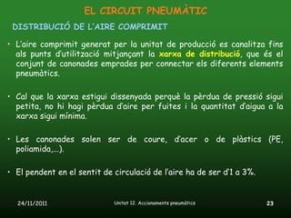 EL CIRCUIT PNEUMÀTIC
 DISTRIBUCIÓ DE L’AIRE COMPRIMIT

• L’aire comprimit generat per la unitat de producció es canalitza fins
  als punts d’utilització mitjançant la xarxa de distribució, que és el
  conjunt de canonades emprades per connectar els diferents elements
  pneumàtics.

• Cal que la xarxa estigui dissenyada perquè la pèrdua de pressió sigui
  petita, no hi hagi pèrdua d’aire per fuites i la quantitat d’aigua a la
  xarxa sigui mínima.

• Les canonades solen ser de coure, d’acer o de plàstics (PE,
  poliamida,...).

• El pendent en el sentit de circulació de l’aire ha de ser d’1 a 3%.


  24/11/2011                 Unitat 12. Accionaments pneumàtics         23
 