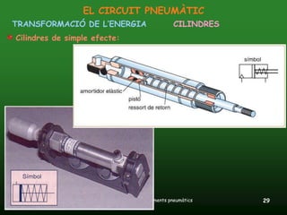 EL CIRCUIT PNEUMÀTIC
TRANSFORMACIÓ DE L’ENERGIA                        CILINDRES
Cilindres de simple efecte:




24/11/2011               Unitat 12. Accionaments pneumàtics   29
 