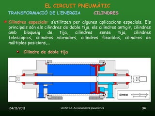 EL CIRCUIT PNEUMÀTIC
TRANSFORMACIÓ DE L’ENERGIA                          CILINDRES

Cilindres especials: s’utilitzen per algunes aplicacions especials. Els
principals són els cilindres de doble tija, els cilindres antigir, cilindres
amb     bloqueig     de    tija,  cilindres     sense     tija,    cilindres
telescòpics, cilindres vibradors, cilindres flexibles, cilindres de
múltiples posicions,...

         Cilindre de doble tija




24/11/2011                 Unitat 12. Accionaments pneumàtics          34
 