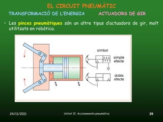 EL CIRCUIT PNEUMÀTIC
 TRANSFORMACIÓ DE L’ENERGIA                        ACTUADORS DE GIR

• Les pinces pneumàtiques són un altre tipus d’actuadors de gir, molt
  utilitzats en robòtica.




  24/11/2011              Unitat 12. Accionaments pneumàtics          39
 