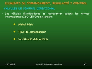 ELEMENTS DE COMANDAMENT, REGULACIÓ I CONTROL
 VÀLVULES DE CONTROL DIRECCIONAL
• Les vàlvules distribuïdores es representen segons les normes
  internacionals (ISO-CETOP) mitjançant:


               Símbol bàsic

               Tipus de comandament

               Localització dels orificis




  24/11/2011                  Unitat 12. Accionaments pneumàtics   47
 