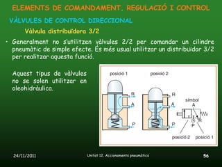 ELEMENTS DE COMANDAMENT, REGULACIÓ I CONTROL
 VÀLVULES DE CONTROL DIRECCIONAL
       Vàlvula distribuïdora 3/2
• Generalment no s’utilitzen vàlvules 2/2 per comandar un cilindre
  pneumàtic de simple efecte. És més usual utilitzar un distribuïdor 3/2
  per realitzar aquesta funció.

  Aquest tipus de vàlvules
  no se solen utilitzar en
  oleohidràulica.




  24/11/2011                 Unitat 12. Accionaments pneumàtics     56
 