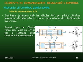 ELEMENTS DE COMANDAMENT, REGULACIÓ I CONTROL
 VÀLVULES DE CONTROL DIRECCIONAL
       Vàlvula distribuïdora 5/2
• S’utilitzen, juntament amb les vàlvules 4/2, per pilotar cilindres
  pneumàtics de doble efecte o per accionar vàlvules distribuïdores de
  major mida.

  Aquest tipus de vàlvules
  tenen cinc vies: un orifici
  per   a     l’entrada, dues
  sortides i dos escapaments.




  24/11/2011               Unitat 12. Accionaments pneumàtics     58
 