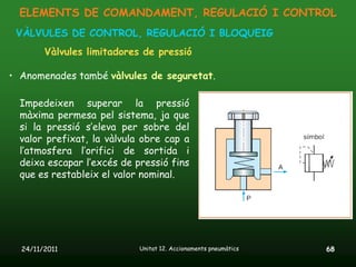 ELEMENTS DE COMANDAMENT, REGULACIÓ I CONTROL
 VÀLVULES DE CONTROL, REGULACIÓ I BLOQUEIG
        Vàlvules limitadores de pressió

• Anomenades també vàlvules de seguretat.

  Impedeixen superar la pressió
  màxima permesa pel sistema, ja que
  si la pressió s’eleva per sobre del
  valor prefixat, la vàlvula obre cap a
  l’atmosfera l’orifici de sortida i
  deixa escapar l’excés de pressió fins
  que es restableix el valor nominal.




  24/11/2011                Unitat 12. Accionaments pneumàtics   68
 