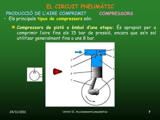 EL CIRCUIT PNEUMÀTIC
 PRODUCCIÓ DE L’AIRE COMPRIMIT                         COMPRESSORS
• Els principals tipus de compressors són:
      Compressors de pistó o èmbol d’una etapa: És apropiat per a
      comprimir l’aire fins als 15 bar de pressió, encara que se’n sol
      utilitzar generalment fins a uns 8 bar.




  24/11/2011                Unitat 12. Accionaments pneumàtics       7
 