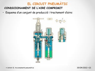 EL CIRCUIT PNEUMÀTIC
 CONDICIONAMENT DE L’AIRE COMPRIMIT
• Esquema d’un conjunt de producció i tractament d’aire:




   Unitat 12. Accionaments pneumàtics                      19/04/2013 21
 