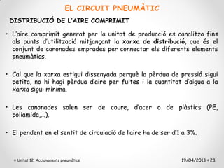 EL CIRCUIT PNEUMÀTIC
 DISTRIBUCIÓ DE L’AIRE COMPRIMIT

• L’aire comprimit generat per la unitat de producció es canalitza fins
  als punts d’utilització mitjançant la xarxa de distribució, que és el
  conjunt de canonades emprades per connectar els diferents elements
  pneumàtics.

• Cal que la xarxa estigui dissenyada perquè la pèrdua de pressió sigui
  petita, no hi hagi pèrdua d’aire per fuites i la quantitat d’aigua a la
  xarxa sigui mínima.

• Les canonades solen ser de coure, d’acer o de plàstics (PE,
  poliamida,...).

• El pendent en el sentit de circulació de l’aire ha de ser d’1 a 3%.



    Unitat 12. Accionaments pneumàtics                         19/04/2013 23
 