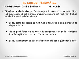 EL CIRCUIT PNEUMÀTIC
 TRANSFORMACIÓ DE L’ENERGIA                CILINDRES

• Cilindres de doble efecte: l’aire comprimit exerceix la seva acció en
  les dues cambres del cilindre, d’aquesta manera pot realitzar treball
  en els dos sentits del moviment.

    El seu camp d’aplicació és molt més extens que el dels cilindres de
     simple efecte.

    No es perd força en no haver de comprimir cap molla i aprofita
     tota la longitud del cos del cilindre com a cursa.

    El seu inconvenient és que consumeixen una doble quantitat d’aire.




   Unitat 12. Accionaments pneumàtics                      19/04/2013 31
 