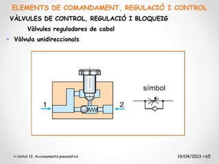 ELEMENTS DE COMANDAMENT, REGULACIÓ I CONTROL
VÀLVULES DE CONTROL, REGULACIÓ I BLOQUEIG
      Vàlvules reguladores de cabal
 Vàlvula unidireccionals




 Unitat 12. Accionaments pneumàtics         19/04/2013 65
 
