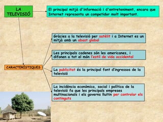 LA             El principal mitjà d'informació i d'entreteniment, encara que
TELEVISIÓ          Internet representa un competidor molt important.




                     Gràcies a la televisió per satèlit i a Internet es un
                     mitjà amb un abast global


                     Les principals cadenes són les americanes, i
                     difonen a tot el món l’estil de vida occidental

CARACTERÍSTIQUES
                     La publicitat és la principal font d’ingressos de la
                     televisió


                     La incidència econòmica, social i política de la
                     televisió fa que les principals empreses
                     multinacionals i els governs lluitin per controlar els
                     continguts
 