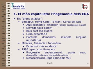 H.M.C. 1. El món capitalista: l’hegemonia dels EUA Els “dracs asiàtics”: Singapur, Hong Kong, Taiwan i Corea del Sud Ajut econòmic i financer  (països occidentals i Japó) Elevada taxa estalvi Baix cost mà d’obra Gran exportació Controls demandes salarials (règims autoritaris) Malàisia, Tailàndia i Indonèsia Expansió més modesta 1998: greu crisi financera Progressiu endeutament:  pujada preus, desequilibri relacions comercials exterior Desacceleració Japó (principis 90) 
