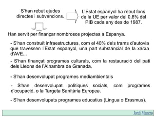 S'han rebut ajudes
directes i subvencions.
Han servit per finançar nombrosos projectes a Espanya.
L’Estat espanyol ha rebut fons
de la UE per valor del 0,8% del
PIB cada any des de 1987.
- S'han construït infraestructures, com el 40% dels trams d’autovia
que travessen l’Estat espanyol, una part substancial de la xarxa
d'AVE...
- S'han finançat programes culturals, com la restauració del pati
dels Lleons de l’Alhambra de Granada.
- S'han desenvolupat programes mediambientals
- S'han desenvolupat polítiques socials, com programes
d'ocupació, o la Targeta Sanitària Europea.
- S'han desenvolupats programes educatius (Lingua o Erasmus).
 