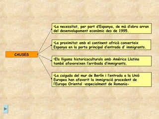•La necessitat, per part d’Espanya, de mà d’obra arran
         del desenvolupament econòmic des de 1995.


         •La proximitat amb el continent africà converteix
         Espanya en la porta principal d’entrada d’ immigrants.

CAUSES
         •Els lligams historicoculturals amb América Llatina
         també afavoreixen l’arribada d’immigrants.


         •La caiguda del mur de Berlín i l’entrada a la Unió
         Europea han afavorit la immigració procedent de
         l’Europa Oriental –especialment de Romania-
 