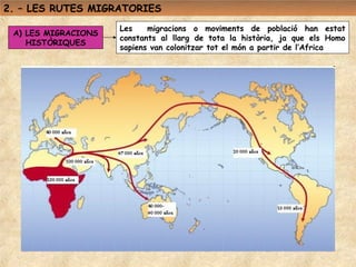 2. – LES RUTES MIGRATORIES
                     Les    migracions o moviments de població han estat
 A) LES MIGRACIONS
                     constants al llarg de tota la història, ja que els Homo
    HISTÒRIQUES
                     sapiens van colonitzar tot el món a partir de l’Africa
 