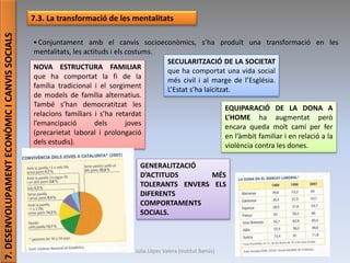 Júlia López Valera (Institut Banús)
7.DESENVOLUPAMENTECONÒMICICANVISSOCIALS
7.3. La transformació de les mentalitats
 Conjuntament amb el canvis socioeconòmics, s’ha produït una transformació en les
mentalitats, les actituds i els costums.
NOVA ESTRUCTURA FAMILIAR
que ha comportat la fi de la
família tradicional i el sorgiment
de models de família alternatius.
També s’han democratitzat les
relacions familiars i s’ha retardat
l’emancipació dels joves
(precarietat laboral i prolongació
dels estudis).
SECULARITZACIÓ DE LA SOCIETAT
que ha comportat una vida social
més civil i al marge de l’Església.
L’Estat s’ha laïcitzat.
EQUIPARACIÓ DE LA DONA A
L’HOME ha augmentat però
encara queda molt camí per fer
en l’àmbit familiar i en relació a la
violència contra les dones.
GENERALITZACIÓ
D’ACTITUDS MÉS
TOLERANTS ENVERS ELS
DIFERENTS
COMPORTAMENTS
SOCIALS.
 