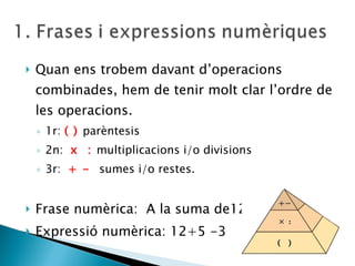 Quan ens trobem davant d’operacions combinades, hem de tenir molt clar l’ordre de les operacions.  1r:  ( )  parèntesis 2n:  x  :  multiplicacions i/o divisions 3r:  + -  sumes i/o restes. Frase numèrica:  A la suma de12 i 5 resta’n 3. Expressió numèrica: 12+5 -3 