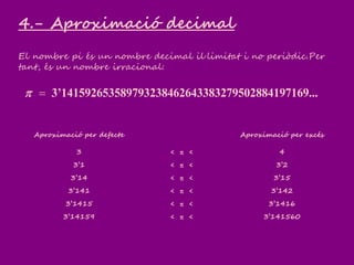 4.- Aproximació decimal
El nombre pi és un nombre decimal il·limitat i no periòdic.Per
tant, és un nombre irracional:
7169...7950288419462643383235897932383’14159265
Aproximació per defecte Aproximació per excés
3 <  < 4
3’1 <  < 3’2
3’14 <  < 3’15
3’141 <  < 3’142
3’1415 <  < 3’1416
3’14159 <  < 3’141560
 