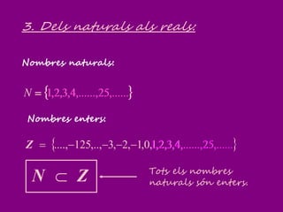 3. Dels naturals als reals:
 ,......25,......,4,3,2,1N
 ,......25,......,4,3,2,1,0,1,2,3,..,125...., Z
Nombres naturals:
Nombres enters:
ZN  Tots els nombres
naturals són enters.
,......25,......,4,3,2,1
,......25,......,4,3,2,1
 