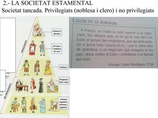 2.- LA SOCIETAT ESTAMENTAL
Societat tancada. Privilegiats (noblesa i clero) i no privilegiats
 