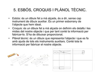 5. ESBÓS, CROQUIS I PLÀNOL TÈCNIC. Esbós: és un dibuix fet a mà alçada, és a dir, sense cap instrument de dibuix auxiliar. És un primer esborrany de l’objecte que hem ideat. Croquis: és un dibuix fet a mà alçada on definim els detalls i les mides del nostre objecte i que per tant conté la informació per fabricar-lo. S’ha de dibuixar proporcionat. Plànol tècnic: és un dibuix que representa l’objecte i que es fa amb ajuda de tots els instruments auxiliars. Conté tota la informació per fabricar el nostre objecte.  