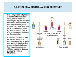 6. L'ESGLÉSIA CRISTIANA: ELS CLERGUES 
● Les obligacions religioses 
dels creients consistien a 
resar, anar a missa els 
diumenges, dejunar durant la 
Quaresma, confessar-se un 
cop l'any i combregar per 
Pasqua.També recomenava 
fer algun pelegrinatge als 
llocs sants, si era possible 
(Roma, Jerusalem, Santiago 
de Compostel·la). 
● L'Església medieval, a més 
de posseir grans feus 
conreats per pagesos, tenia 
dret a cobrar el delme. Per 
mantenir el culte i el clero, 
tots els pagesos estaven 
obligats a pagar la desena 
part de la collita a 
l'Església. 
 