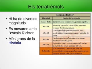 Els terratrèmols
● Hi ha de diverses
magnituds
● Es mesuren amb
l'escala Richter
● Més grans de la
Història
 
