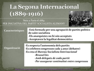 Neix a París el 1889
PER INICIATIVA DEL PARTIT SOCIALISTA ALEMANY
-Està formada per una agrupació de partits polítics
de caire socialista
-Els anarquistes no hi són acceptats
-Acceptaven la legalitat democràtica
Característiques
-Es respecta l’autonomia dels partits
-Es celebren congressos cada 3 anys (debatre)
-Es crea el Bureau Socialista Internacional
-Brussel·les
-Amb delegats de cada partit
-Per assegurar continuïtat entre congressos
Organització
http://www.xtec.net/~aguiu1/socials/lainternacional.htm
 