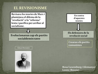 Eduard Bernstein
Revisava les teories de Marx i
plantejava el dilema de la
“revolució” o la “reforma”
lenta i pacífica per arribar al
socialisme.
En contra
d’aquestes
teories
Els defensors de la
revolució social
Rosa Luxemburg (Alemanya)
Lenin (Rússia)
Evolucionaran cap els partits
socialdemòcrates
Crearan els partits
comunistes
EL REVISIONISME
 