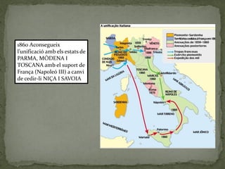 1860 Aconsegueix
l’unificació amb els estats de
PARMA, MÒDENA I
TOSCANA amb el suport de
França (Napoleó III) a canvi
de cedir-li NIÇA I SAVOIA
 