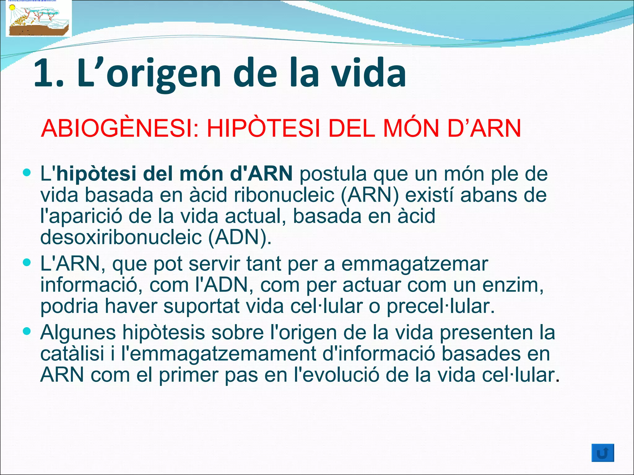 1. L’origen de la vida L' hipòtesi del món d'ARN  postula que un món ple de vida basada en àcid ribonucleic (ARN) existí abans de l'aparició de la vida actual, basada en àcid desoxiribonucleic (ADN).  L'ARN, que pot servir tant per a emmagatzemar informació, com l'ADN, com per actuar com un enzim, podria haver suportat vida cel·lular o precel·lular.  Algunes hipòtesis sobre l'origen de la vida presenten la catàlisi i l'emmagatzemament d'informació basades en ARN com el primer pas en l'evolució de la vida cel·lular . ABIOGÈNESI: HIPÒTESI DEL MÓN D’ARN  