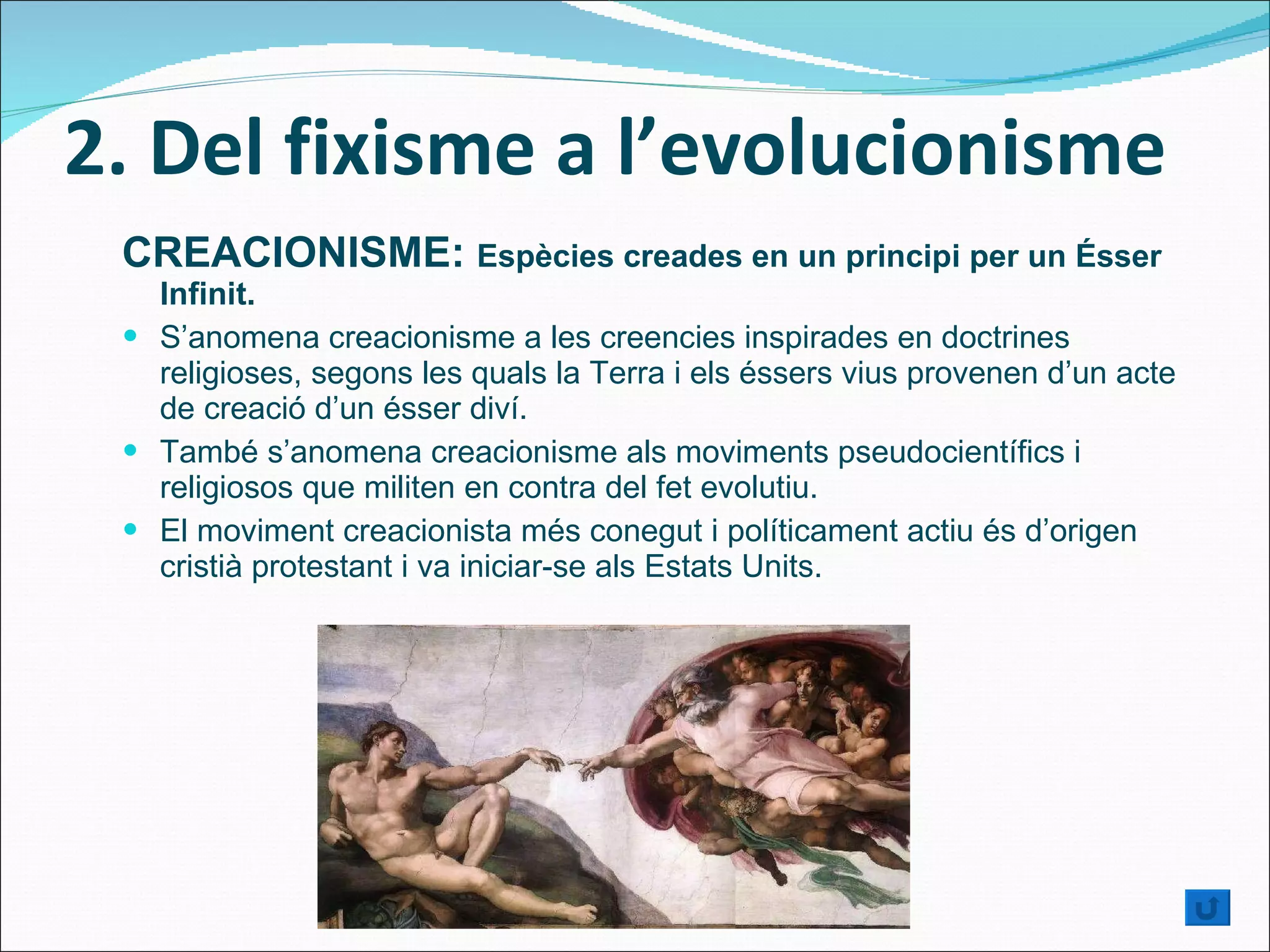 2. Del fixisme a l’evolucionisme CREACIONISME:  Espècies creades en un principi per un Ésser Infinit . S’anomena creacionisme a les creencies inspirades en doctrines religioses, segons les quals la Terra i els éssers vius provenen d’un acte de creació d’un ésser diví. També s’anomena creacionisme als moviments pseudocientífics i religiosos que militen en contra del fet evolutiu. El moviment creacionista més conegut i políticament actiu és d’origen cristià protestant i va iniciar-se als Estats Units. . 
