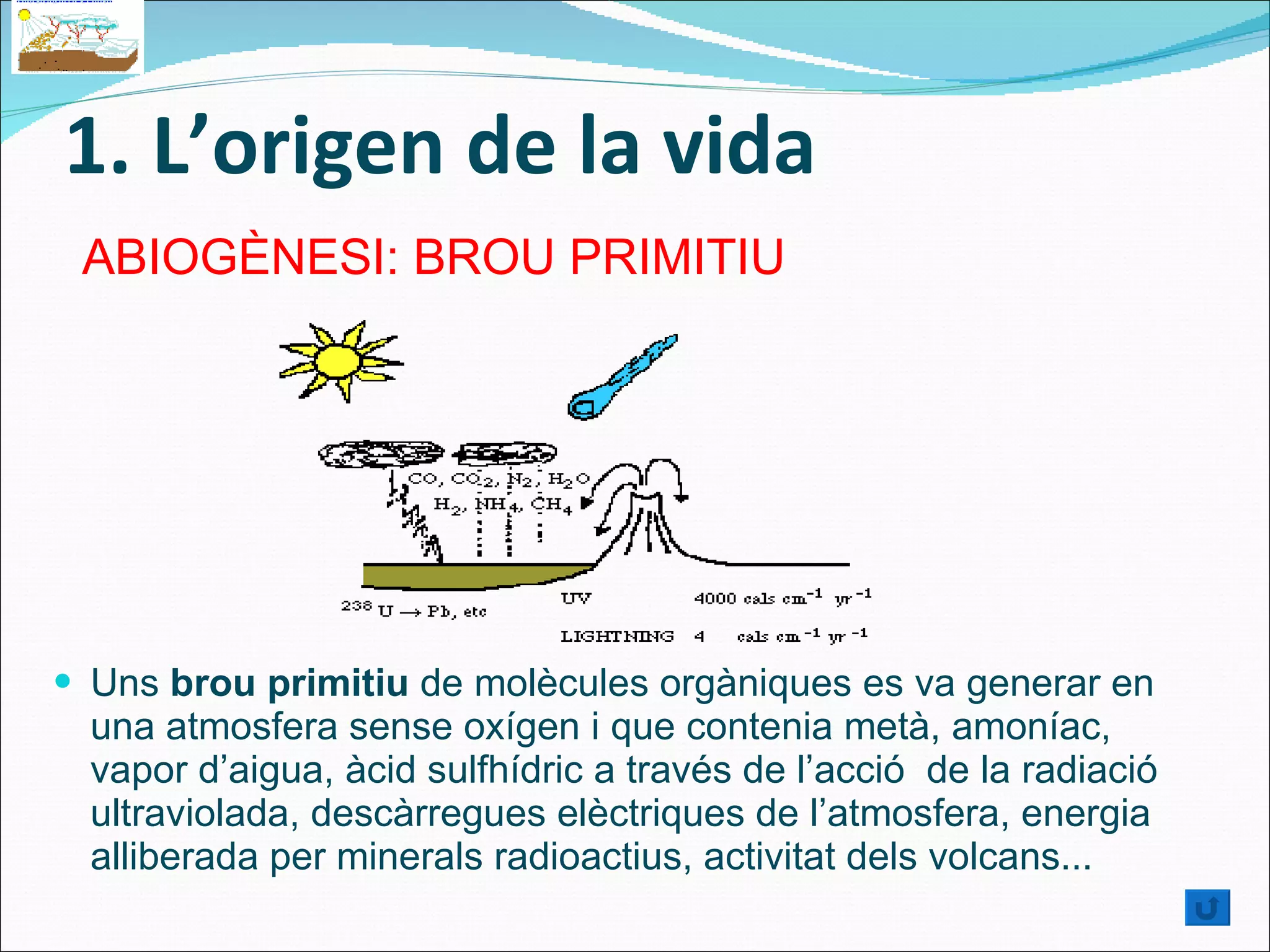 1. L’origen de la vida Uns  brou primitiu  de molècules orgàniques es va generar en una atmosfera sense oxígen i que contenia metà, amoníac, vapor d’aigua, àcid sulfhídric a través de l’acció  de la radiació ultraviolada, descàrregues elèctriques de l’atmosfera, energia alliberada per minerals radioactius, activitat dels volcans... ABIOGÈNESI: BROU PRIMITIU  