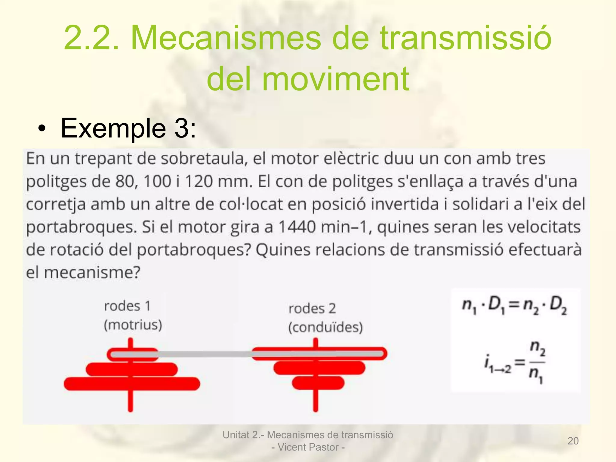 2.2. Mecanismes de transmissió 
del moviment 
• Exemple 3: 
Unitat 2.- Mecanismes de transmissió 
- Vicent Pastor - 
20 
 