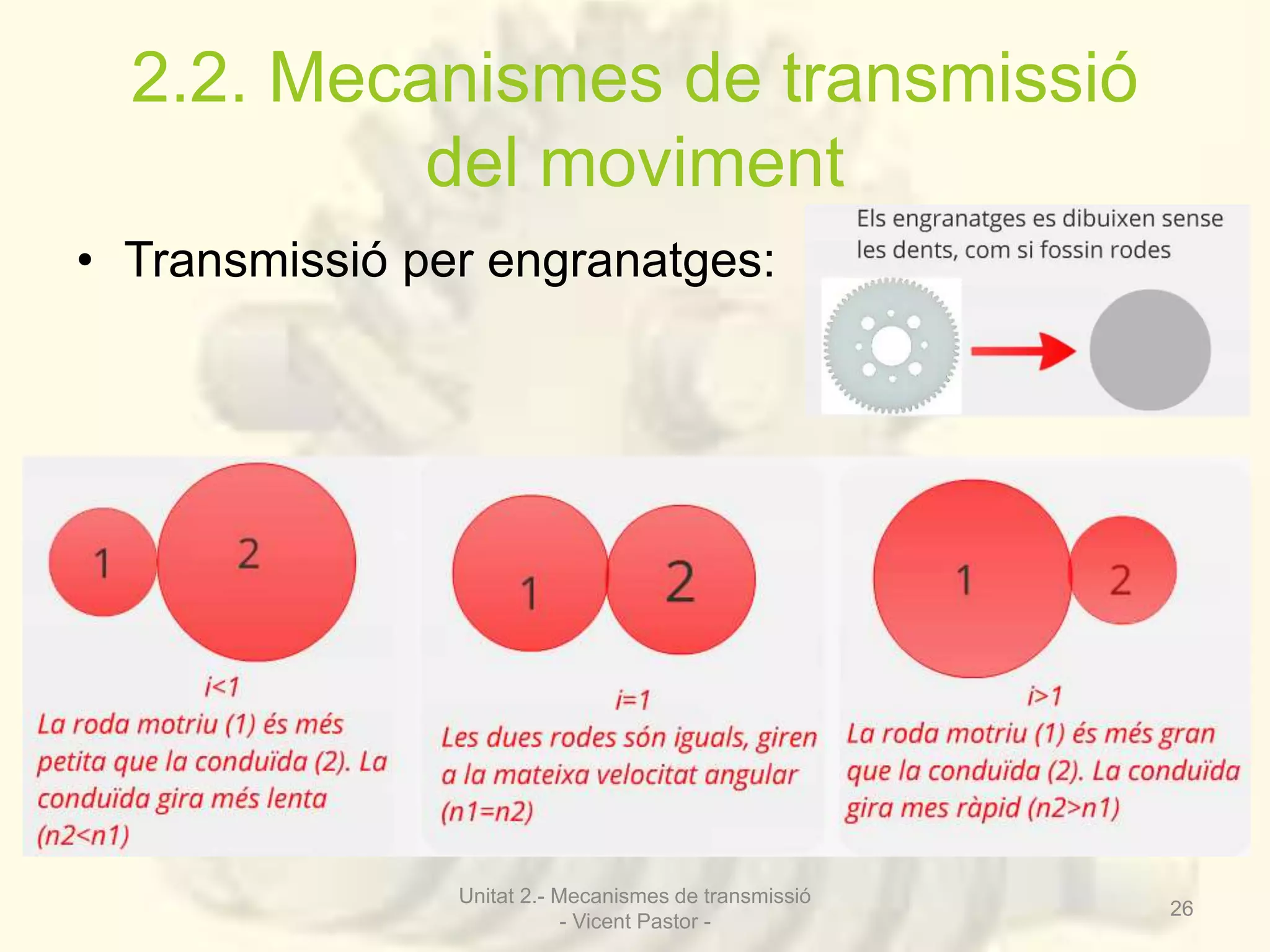 2.2. Mecanismes de transmissió 
del moviment 
• Transmissió per engranatges: 
Unitat 2.- Mecanismes de transmissió 
- Vicent Pastor - 
26 
 