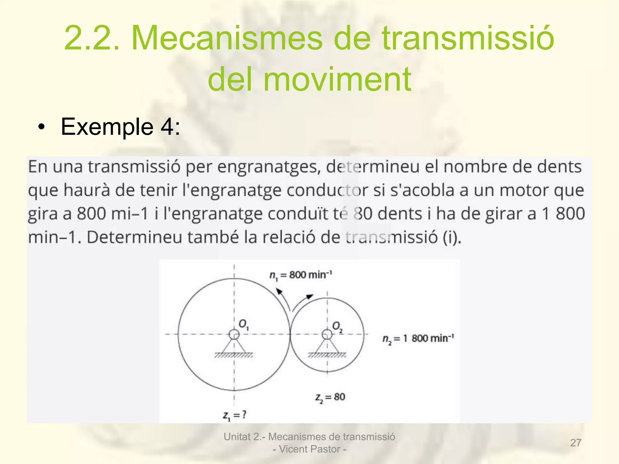 2.2. Mecanismes de transmissió 
del moviment 
• Exemple 4: 
Unitat 2.- Mecanismes de transmissió 
- Vicent Pastor - 
27 
 