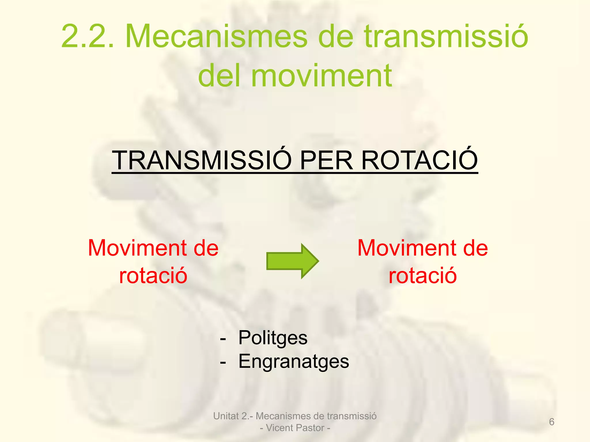 2.2. Mecanismes de transmissió 
del moviment 
TRANSMISSIÓ PER ROTACIÓ 
Moviment de 
rotació 
Moviment de 
rotació 
- Politges 
- Engranatges 
Unitat 2.- Mecanismes de transmissió 
- Vicent Pastor - 
6 
 