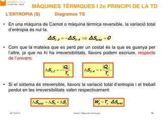 MÀQUINES TÈRMIQUES I 2n PRINCIPI DE LA TD
h
h
-21
T
Q
S 
06/10/2013 Unitat 2. Màquines tèrmiques 16
0ΔSΔSΔS total-43-21 
L’ENTROPIA (S) Diagrames TS
• En una màquina de Carnot o màquina tèrmica reversible, la variació total
d’entropia és nul·la.
• Com que la mateixa que es perd per un costat és la que es guanya per
l’altre, ja que no hi ha irreversibilitats, llavors podem escriure, respecte
de l’univers:
c
c
-43
T
Q
S 
• Si el sistema és irreversible, llavors la variació total d’entropia i el treball
perdut en les irreversibilitats valen respectivament:
chtotal SSS  totalcp ΔSTW 
 
